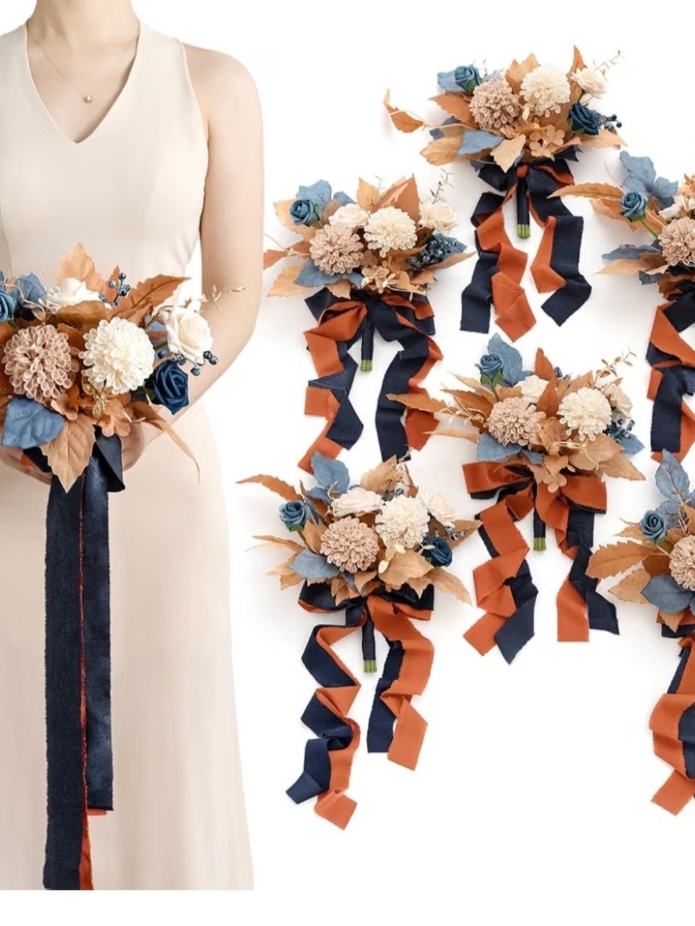 Bridesmaid Bouquet(6pc) And Boutoniere (6pc) Navy, Rust & Cream